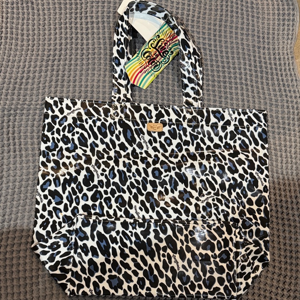 Consuela Black White Leopard Print Tote with Blue Accents